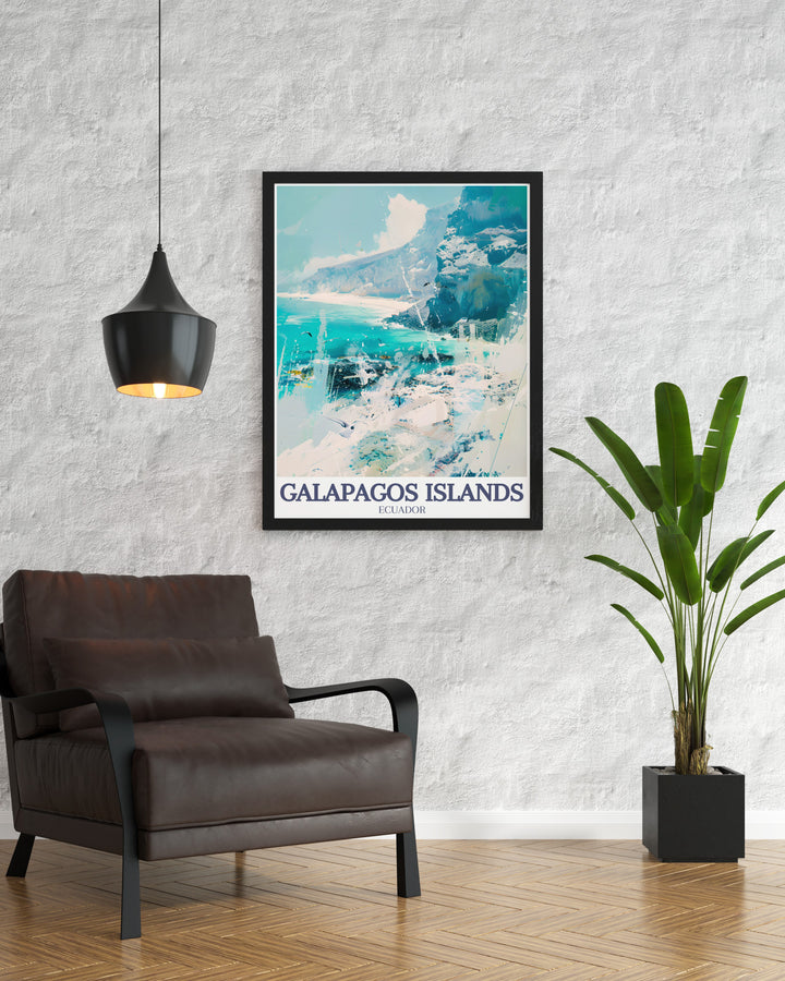 Celebrate the beauty of Ecuador with this poster of the Galapagos Islands, featuring Española Island and Tortuga Bay. Ideal for home decor or as a travel gift, this artwork brings the pristine wilderness of the islands to life.