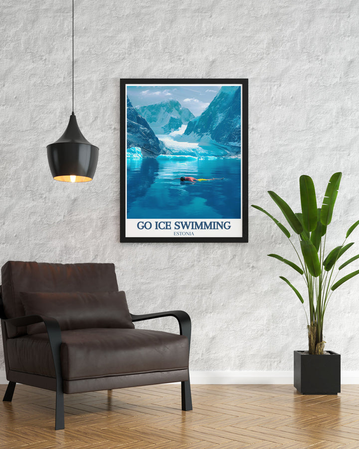 High quality canvas art featuring ice swimmers at the Ross Ice Shelf, highlighting the vibrant icy waters and the stunning backdrop of Antarctica, ideal for adding a touch of adventure to your decor.