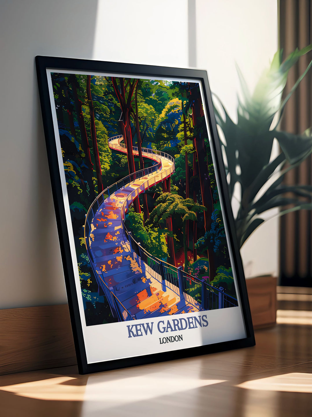 Capturing the lush landscapes and diverse flora of Kew Gardens, this travel poster brings the stunning beauty of these historic gardens into your home decor. Perfect for horticulture enthusiasts and lovers of vibrant landscapes.