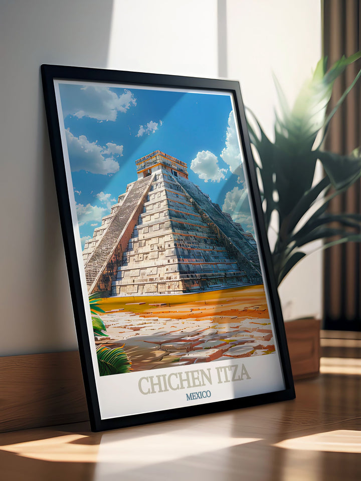 Featuring the monumental El Castillo, this travel poster captures the essence of Chichen Itzas archaeological significance. The detailed illustration showcases the pyramids grandeur and historical richness, making it a perfect addition to any wall art collection.