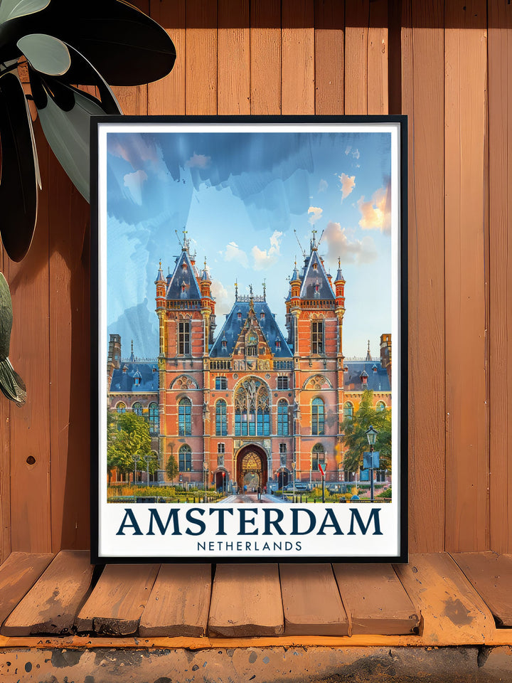 Beautifully detailed Amsterdam print featuring the Rijksmuseum. This Amsterdam poster is a great addition to any art collection. Perfect for those who appreciate the citys architectural beauty and historical significance. Ideal for home decor.