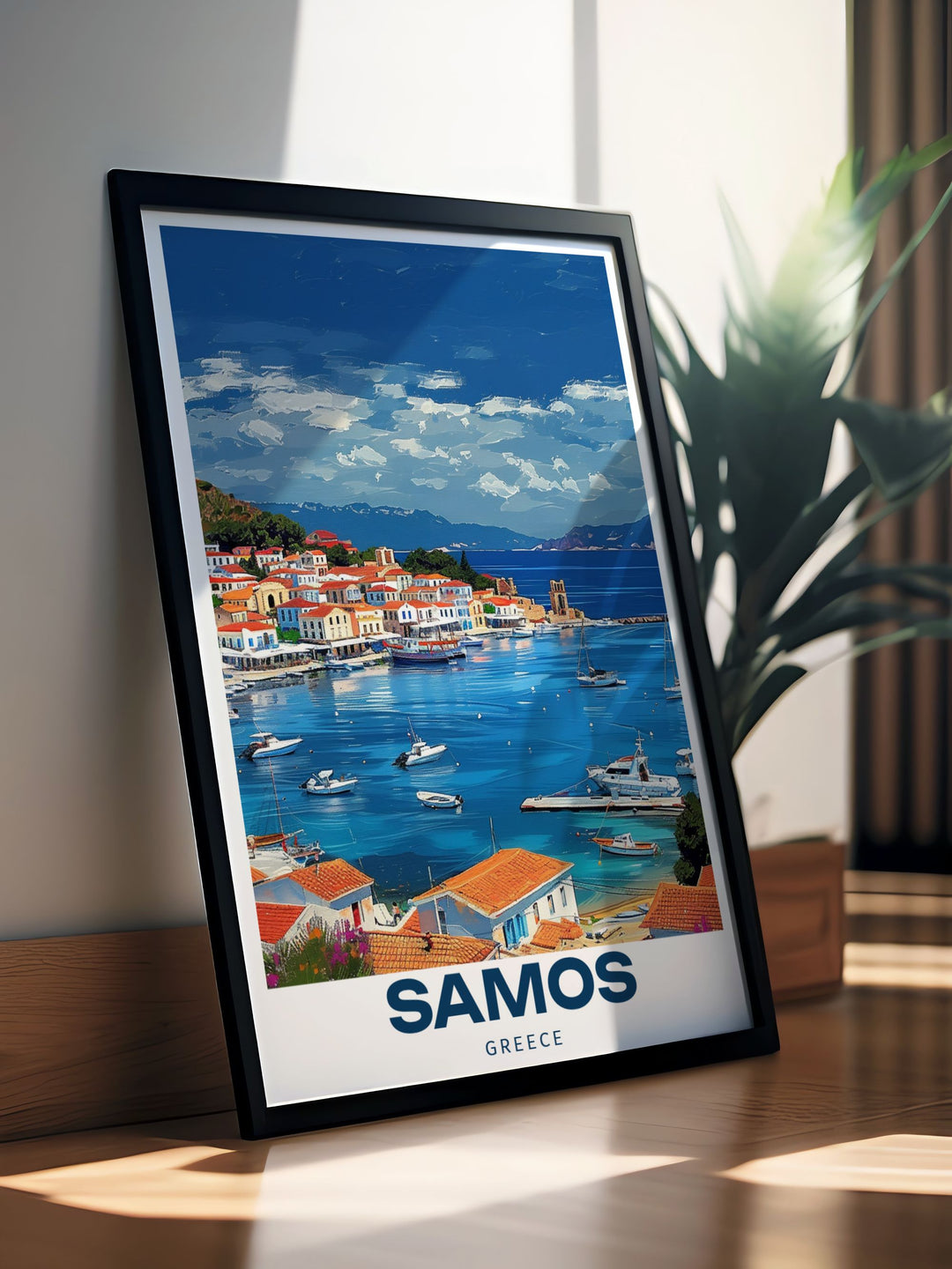 This Samos travel print features the historic town of Pythagoreio on the island of Samos. Ideal for history lovers and travelers alike, the artwork captures the beauty of Greeces Aegean islands and serves as a perfect reminder of your Greek adventures.