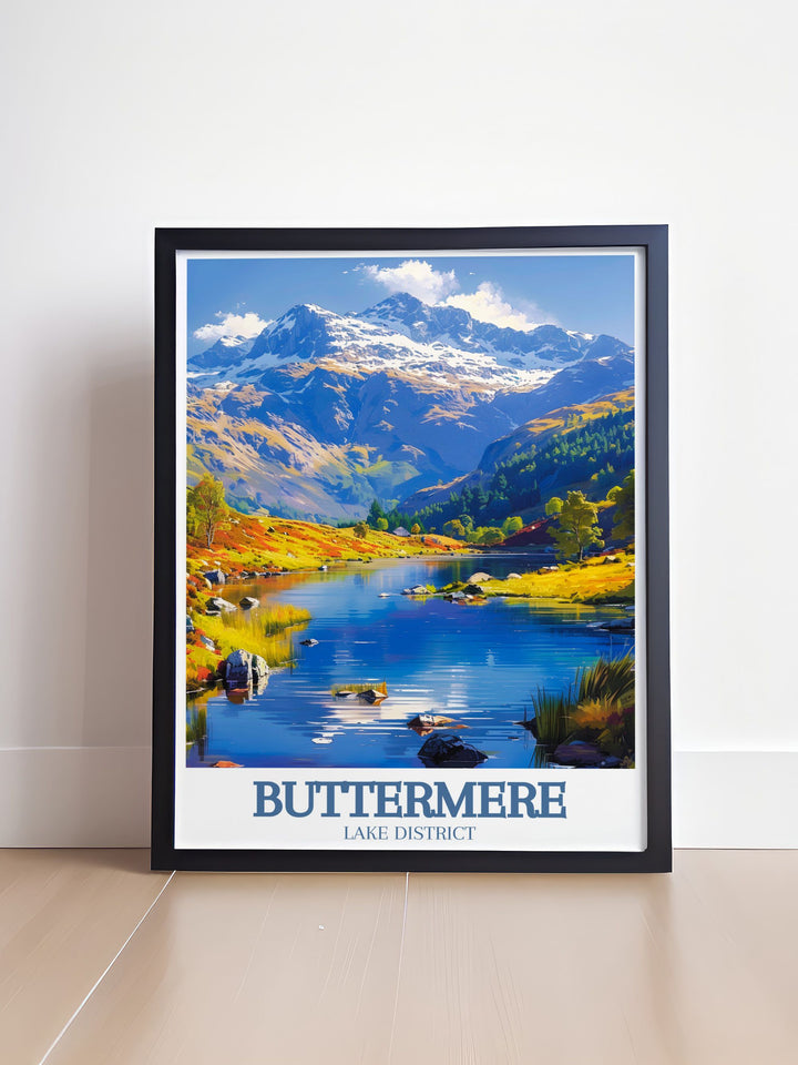 This art print captures the serene beauty of Buttermere Lake in the Lake District, featuring its tranquil waters and stunning surroundings, perfect for adding a touch of natures charm to your home decor.