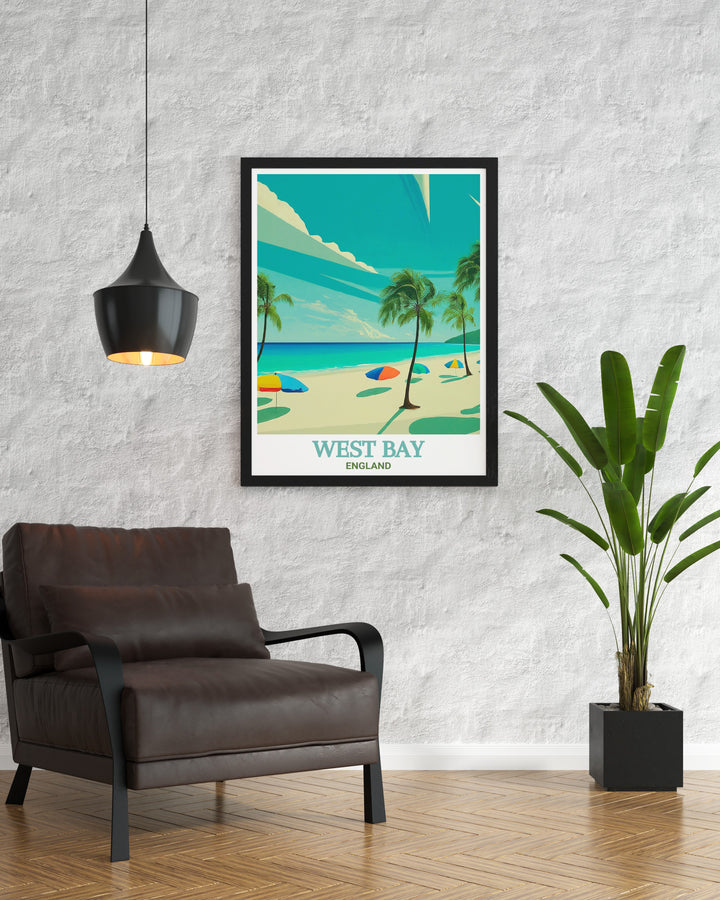 West Bay poster print featuring the golden cliffs and rolling waves of the iconic West Bay Beach. This England travel print offers a stunning representation of the countrys natural wonders, making it ideal for any lover of UK landscapes.