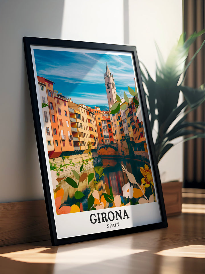 Beautiful Girona travel gift featuring a detailed print of the Basílica of San Feliu and the Onyar River. This Spain wall art captures the Gothic majesty of the Basílica and the vibrant riverbank, perfect for decorating your home with a touch of Spanish heritage