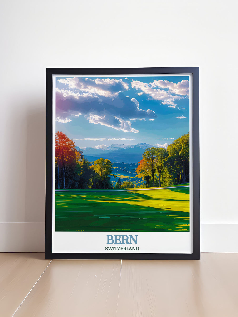 The charm of Bern, with its blend of historical and modern architecture, is brought to life in this poster, offering a piece of Switzerlands rich cultural heritage for your home.