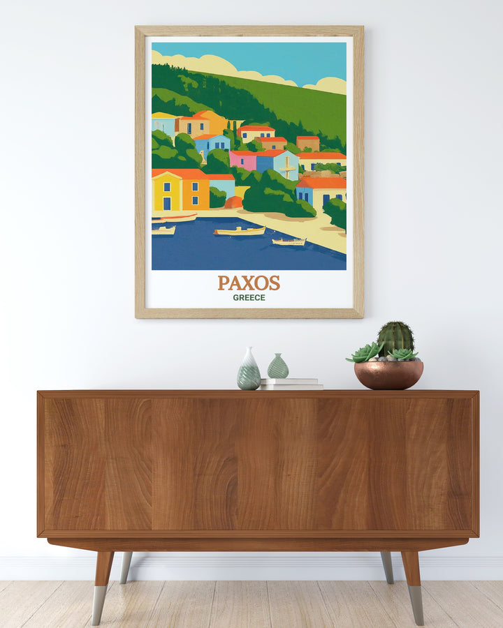 Bring the tranquility of Loggos village into your space with this Greece travel art perfect for those seeking Greece wall art that blends vibrant colors and serene landscapes this Paxos travel decor is ideal for any living room bedroom or office