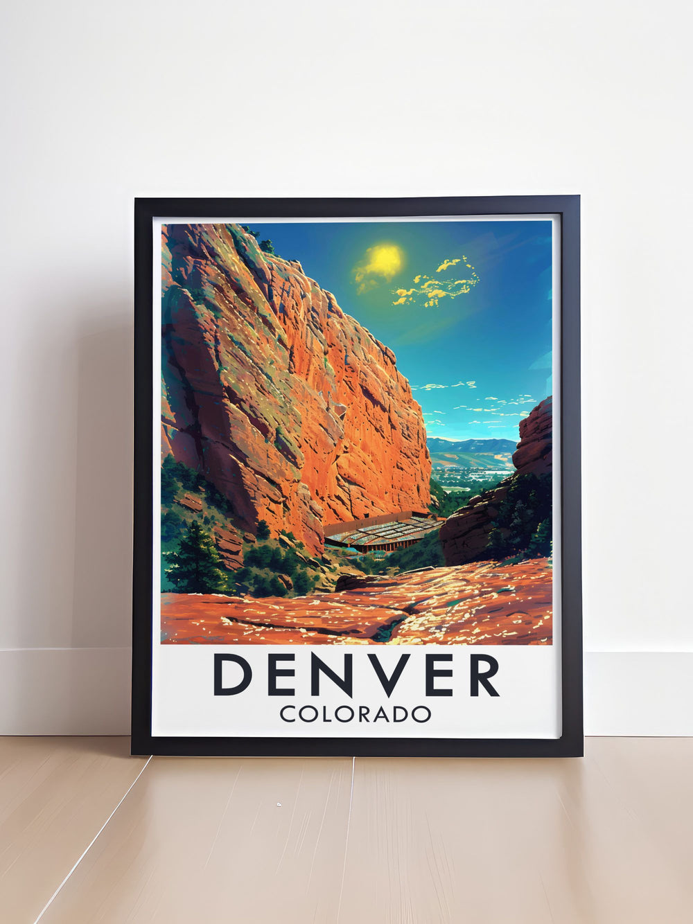 Boulder Colorado is depicted in this art print, highlighting its lively downtown area and scenic mountain backdrop, making it a perfect addition to any art collection.