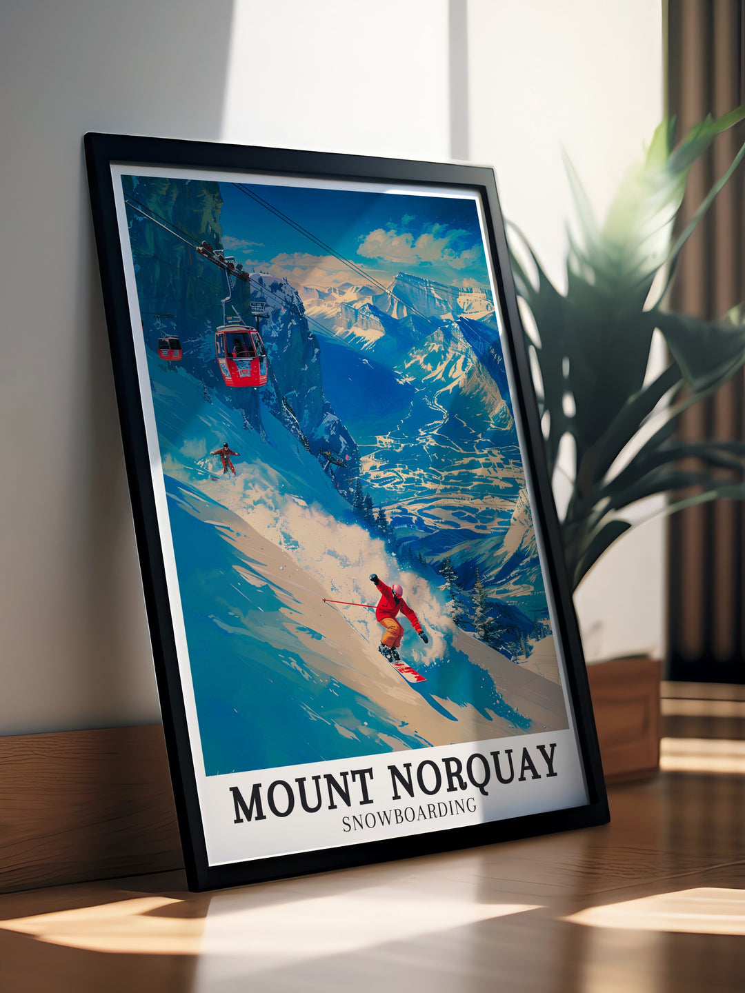 Mount Norquay Snowboarding Art Print offers a vivid portrayal of the snowboarding scene at Mount Norquay, surrounded by the pristine wilderness of Banff National Park. This artwork is perfect for adding a touch of adventure and mountain spirit to any space.