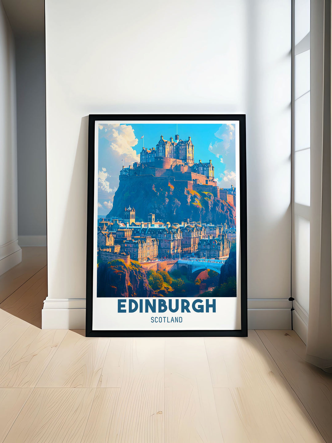 A detailed print of Edinburgh Castle, showcasing the historic fortress perched atop Castle Rock with panoramic views of the city and surrounding landscapes.