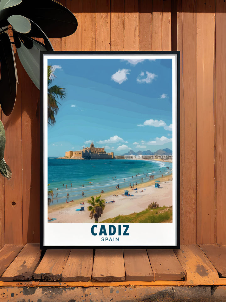 La Caleta Beach artwork beautifully captures the scenic beauty of this Spanish coastal gem. Perfect for modern decor these Spain wall decor pieces add a touch of elegance and charm to any space making them a great addition to your art collection.