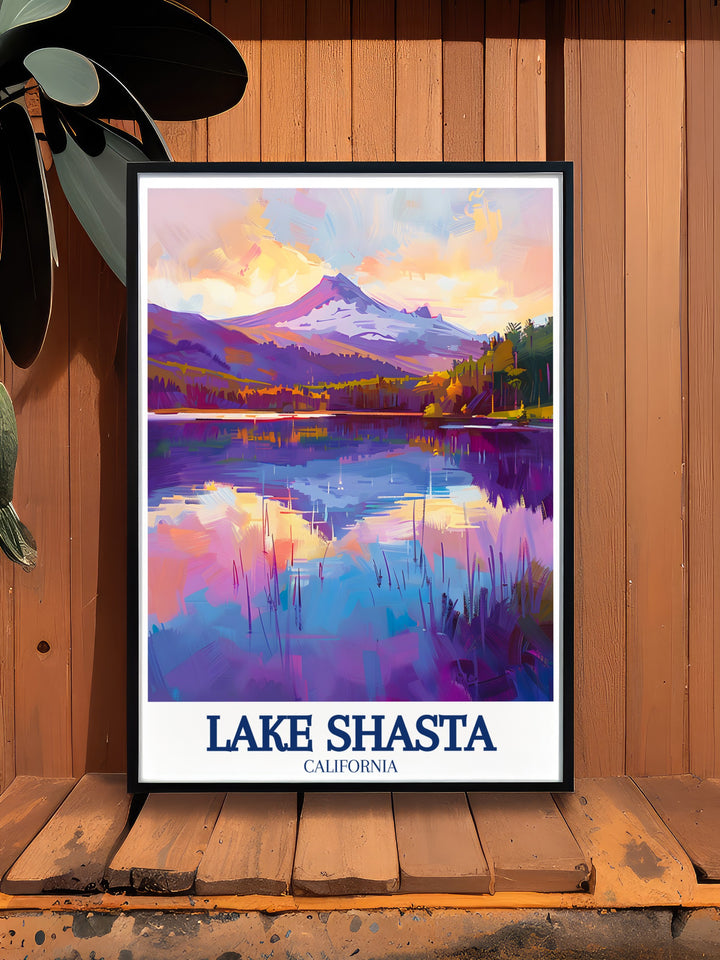 A stunning framed art print of Castle Lake, California, capturing the tranquil waters surrounded by lush forests and mountains. This vintage style poster brings a timeless elegance to any nature lovers collection.