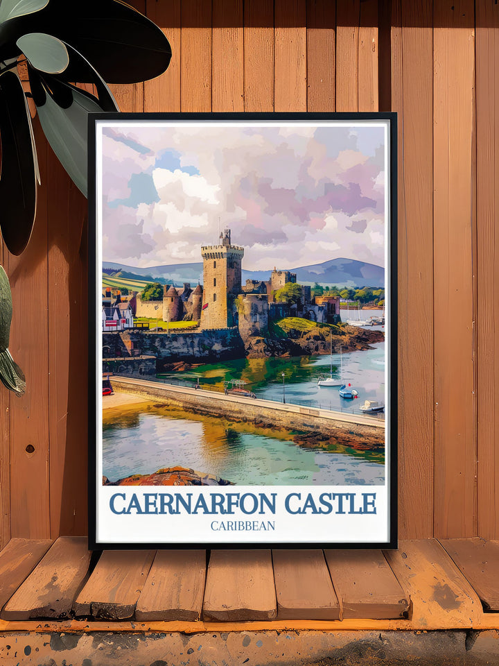 Captivating Caernarfon Castle poster featuring the serene Menai Strait and the adventurous Snowdonia Ranger, showcasing the beauty and history of Wales. Perfect for adding a touch of Welsh charm to your home decor.