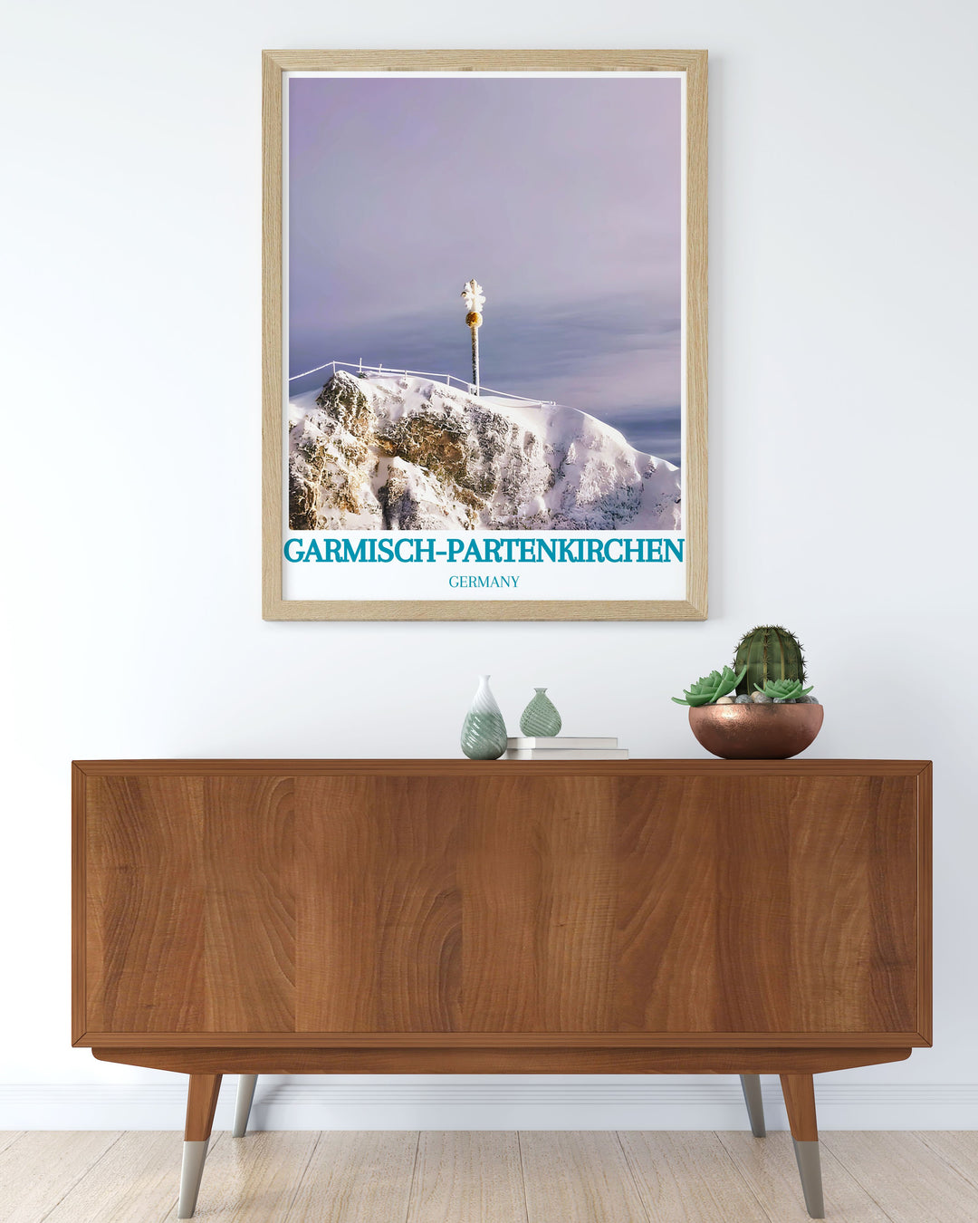 Vintage poster of Garmisch Partenkirchen, illustrating the towns historical significance, charming architecture, and lively cultural scene, ideal for those who appreciate the blend of history and modernity in one of Germanys most beloved destinations.