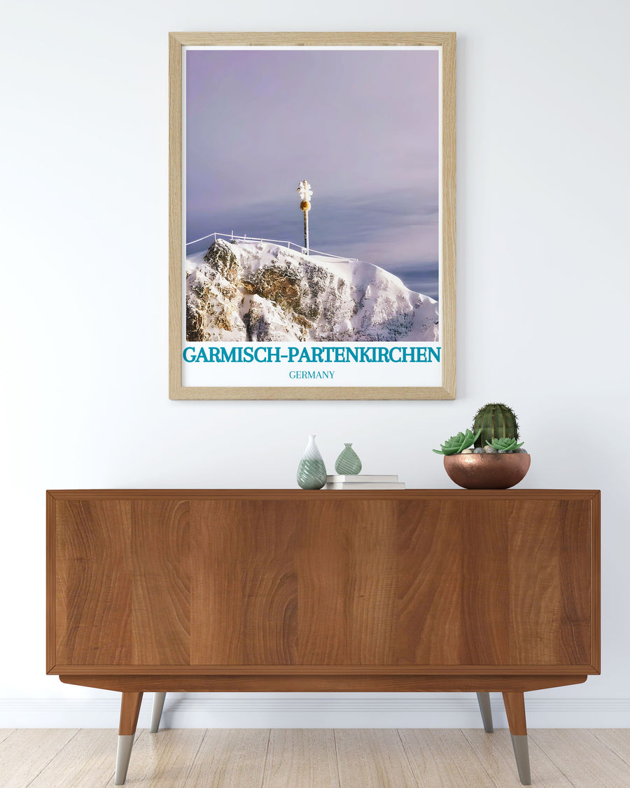 Vintage poster of Garmisch Partenkirchen, illustrating the towns historical significance, charming architecture, and lively cultural scene, ideal for those who appreciate the blend of history and modernity in one of Germanys most beloved destinations.