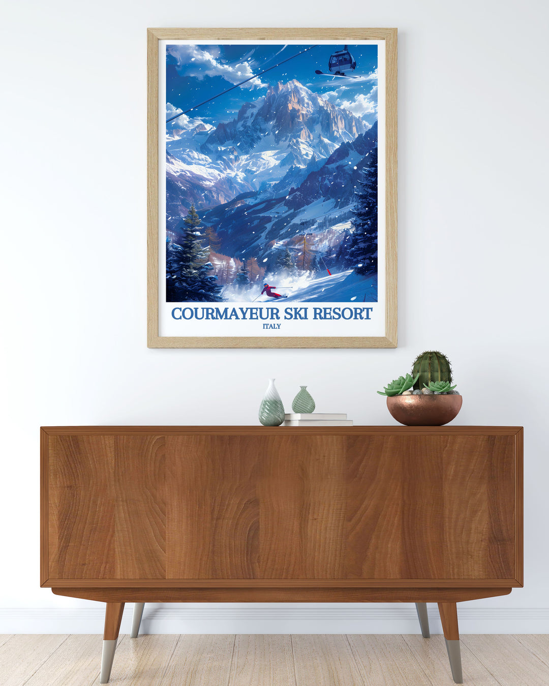 This poster artfully depicts the natural beauty of Mont Blanc and the exhilarating ski slopes of Courmayeur, offering a perfect blend of Italys landscapes and cultural landmarks for your decor.