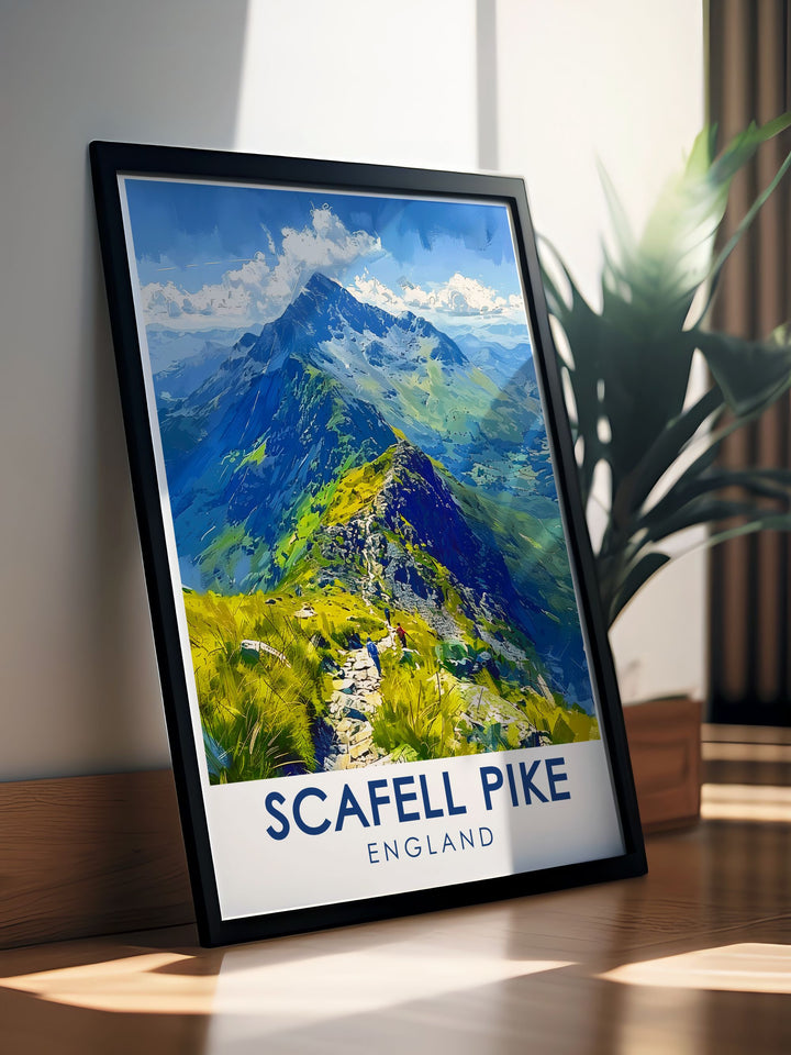 High quality Scafell Pike print featuring the picturesque Lake District, ideal for adding a touch of Englands natural beauty to your home decor or as a hiking gift.