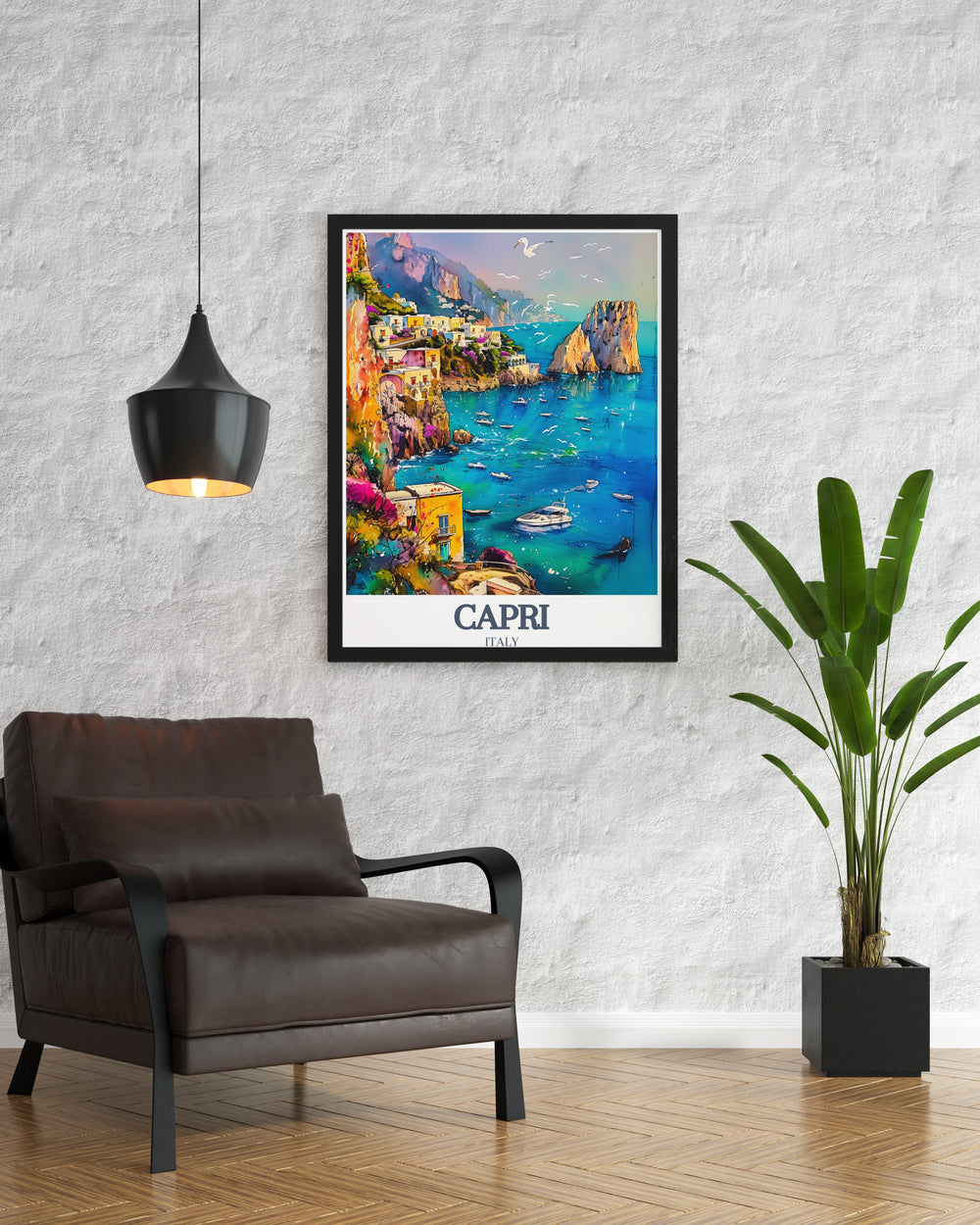 Modern Capri Island Mediterranean sea print showcasing the beautiful botanical gardens of Capri This fine line art print adds a sophisticated touch to any space making it ideal for art lovers and travelers alike