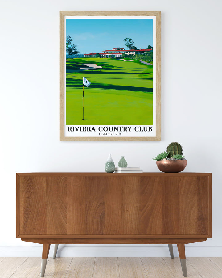 Featuring the stunning Riviera Country Club and its surrounding landscapes in Pacific Palisades, this travel poster showcases the club house and the legendary course. Perfect for golf enthusiasts and those who admire beautiful landscapes.