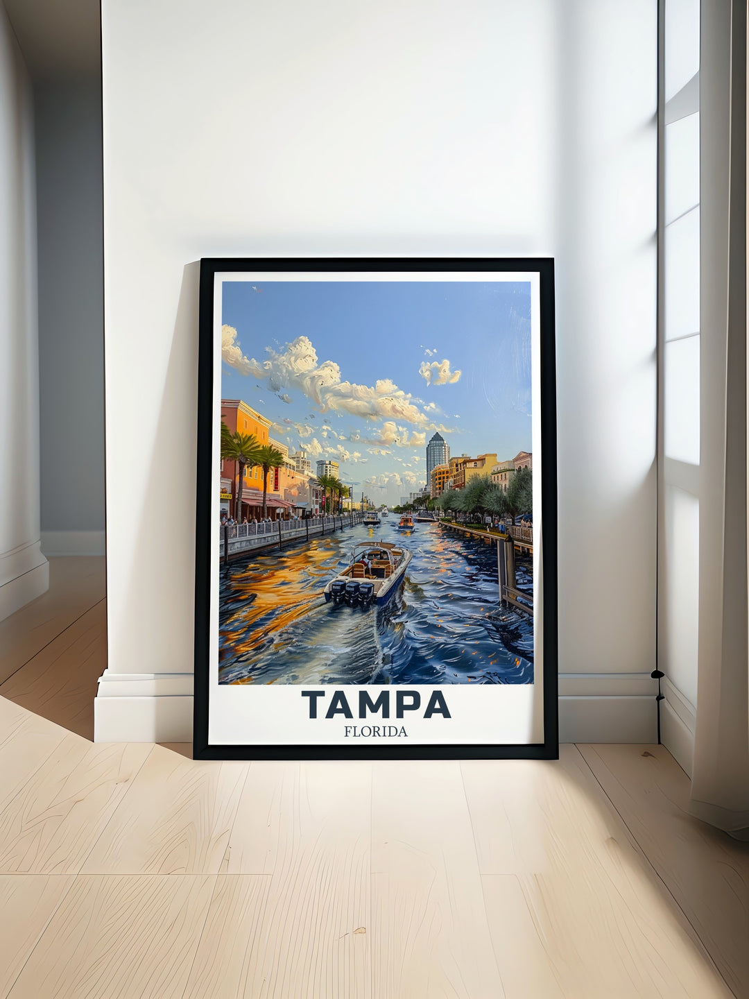 Florida Art Print of Tampas Riverwalk adds a sense of tranquility and modern design to any room. This canvas art is a must have for anyone looking to bring Tampas vibrant cityscape into their home. The vintage inspired artwork is a timeless addition to your collection.