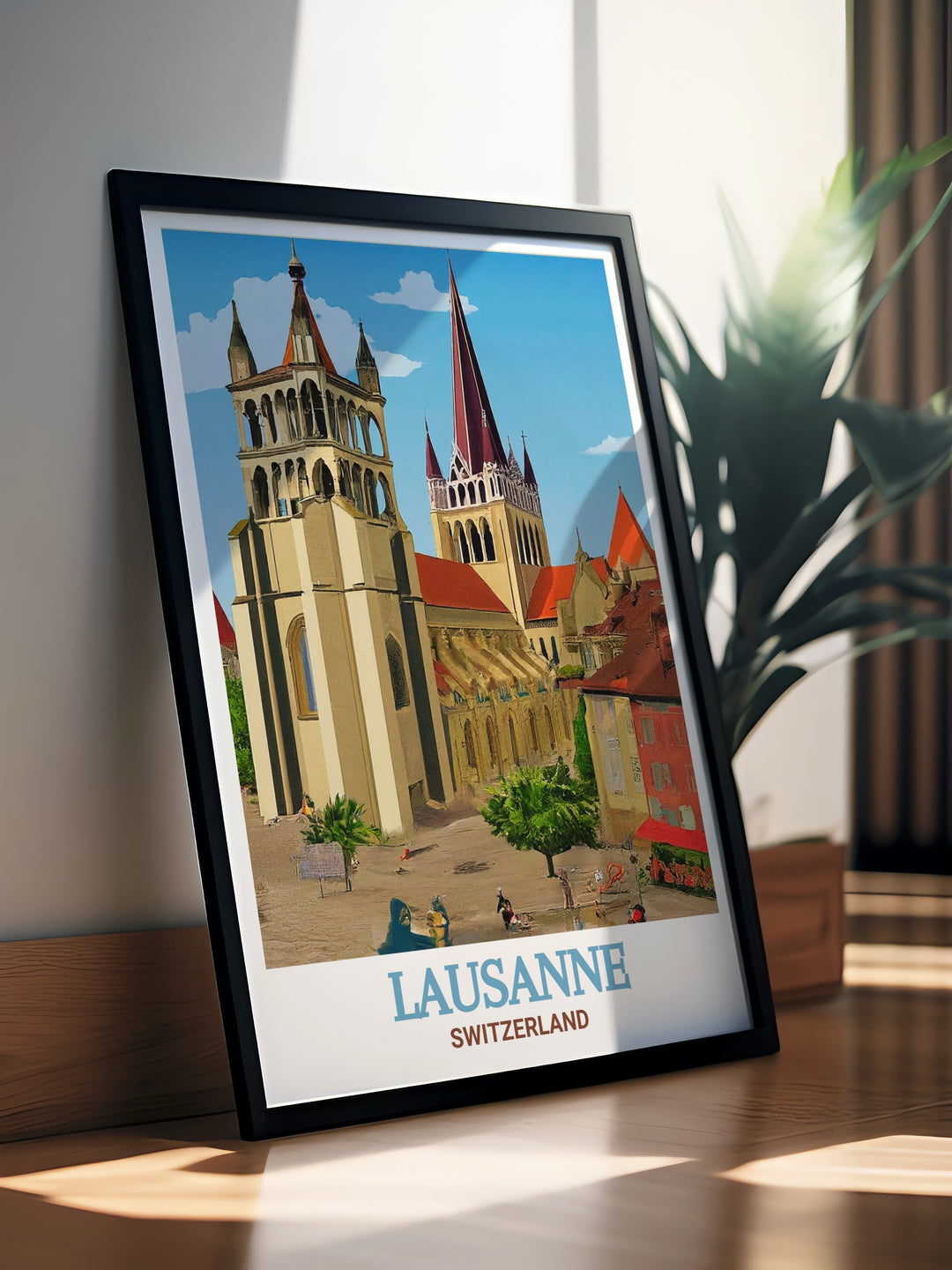 Experience the serene beauty of Lausanne with this vintage poster, highlighting the citys unique blend of history and natural splendor. A thoughtful gift for anyone who loves Switzerland.