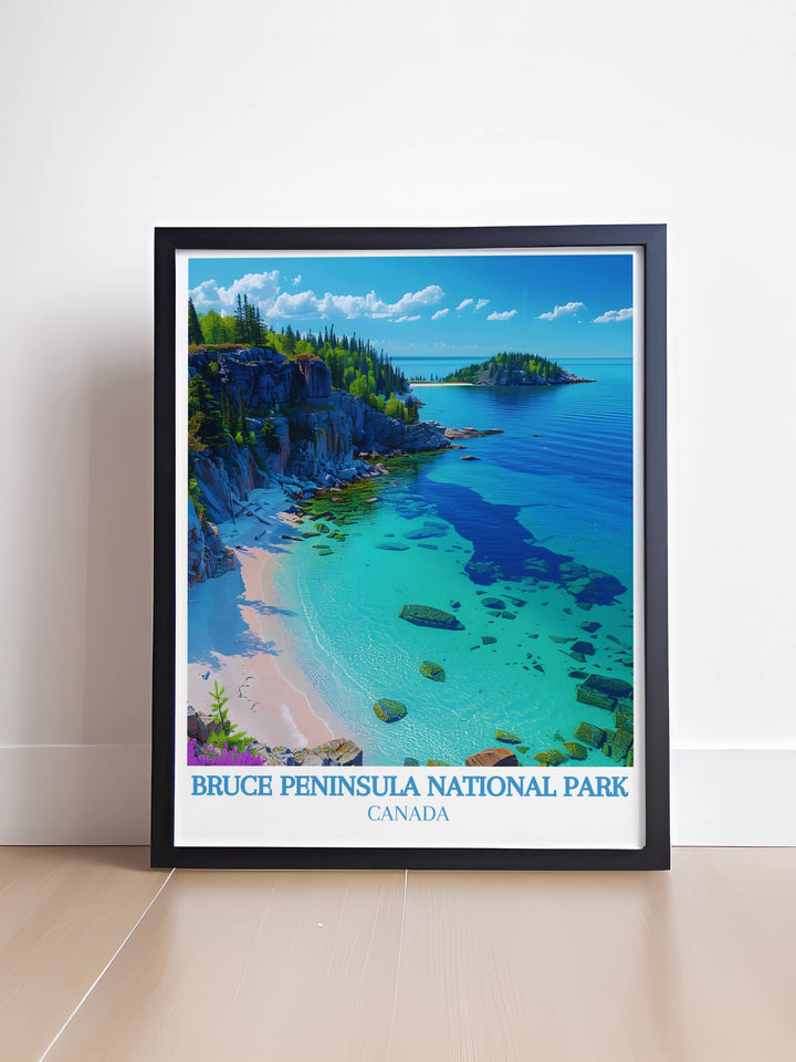 The Flowerpot Island Travel Poster captures the vibrant colors and intricate details of this stunning Canadian destination making it an ideal addition to any Cottagecore Decor collection and a captivating piece of wall art for your home or office