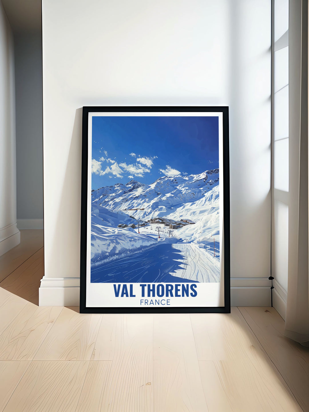 A vintage style Val Thorens ski poster featuring the iconic ski resort slopes of the French Alps. The design captures the thrill and beauty of skiing in Europes highest resort, making this travel print a must have for any winter sports enthusiast.