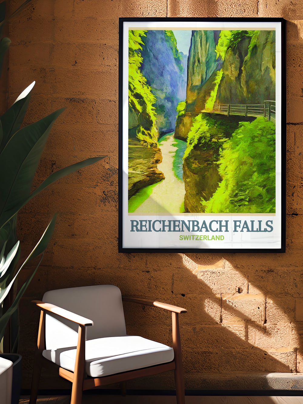 Featuring the stunning Reichenbach Falls and Aare Gorge, this Switzerland travel poster offers a breathtaking view of two of the countrys most famous landmarks. Perfect for wall decor, this art print makes an excellent gift for anyone with a passion for Swiss nature and travel.