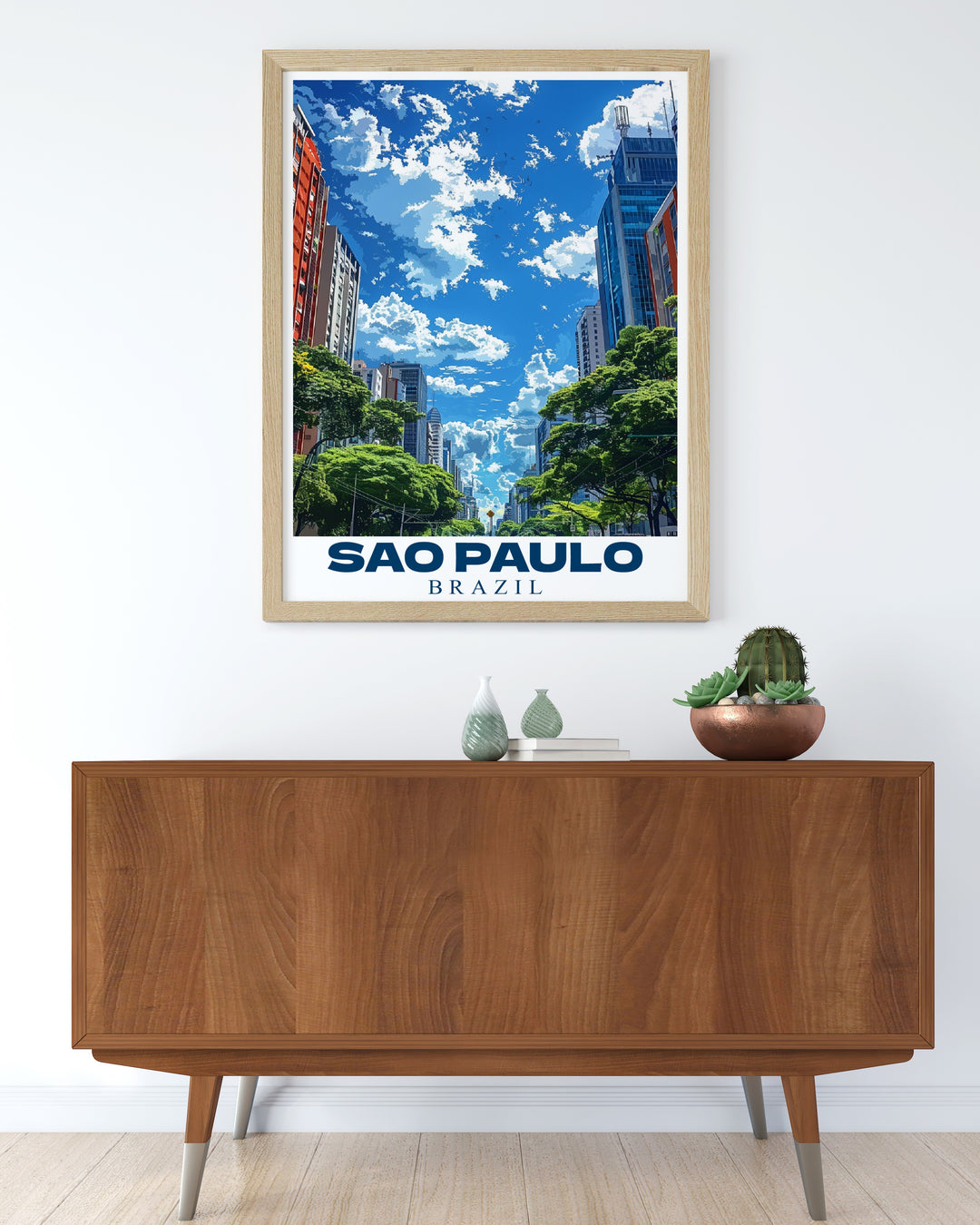 Modern Brazil art print of Paulista Avenue in Sao Paulo ideal for home decor. This vibrant artwork makes a perfect Sao Paulo gift for art lovers and travelers looking to bring the citys dynamic atmosphere into their space.