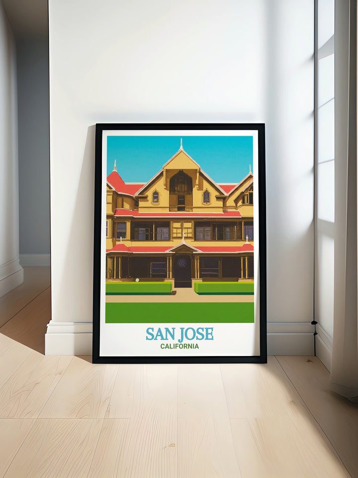 Framed art print depicting the Winchester Mystery Houses fascinating exterior, making it a captivating addition to any room. Celebrate the mysterious history of San Jose with this stunning artwork.