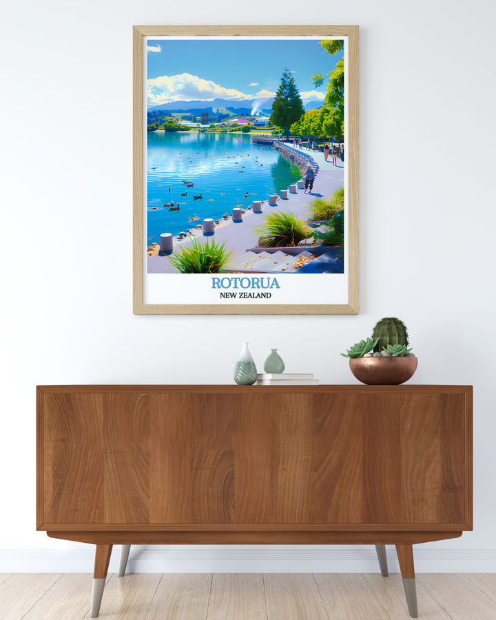 Lake Rotorua vintage print showcasing the timeless beauty of Rotorua New Zealand. A perfect addition to any art collection and an excellent gift for nature enthusiasts. This print brings a vintage charm to your home decor.