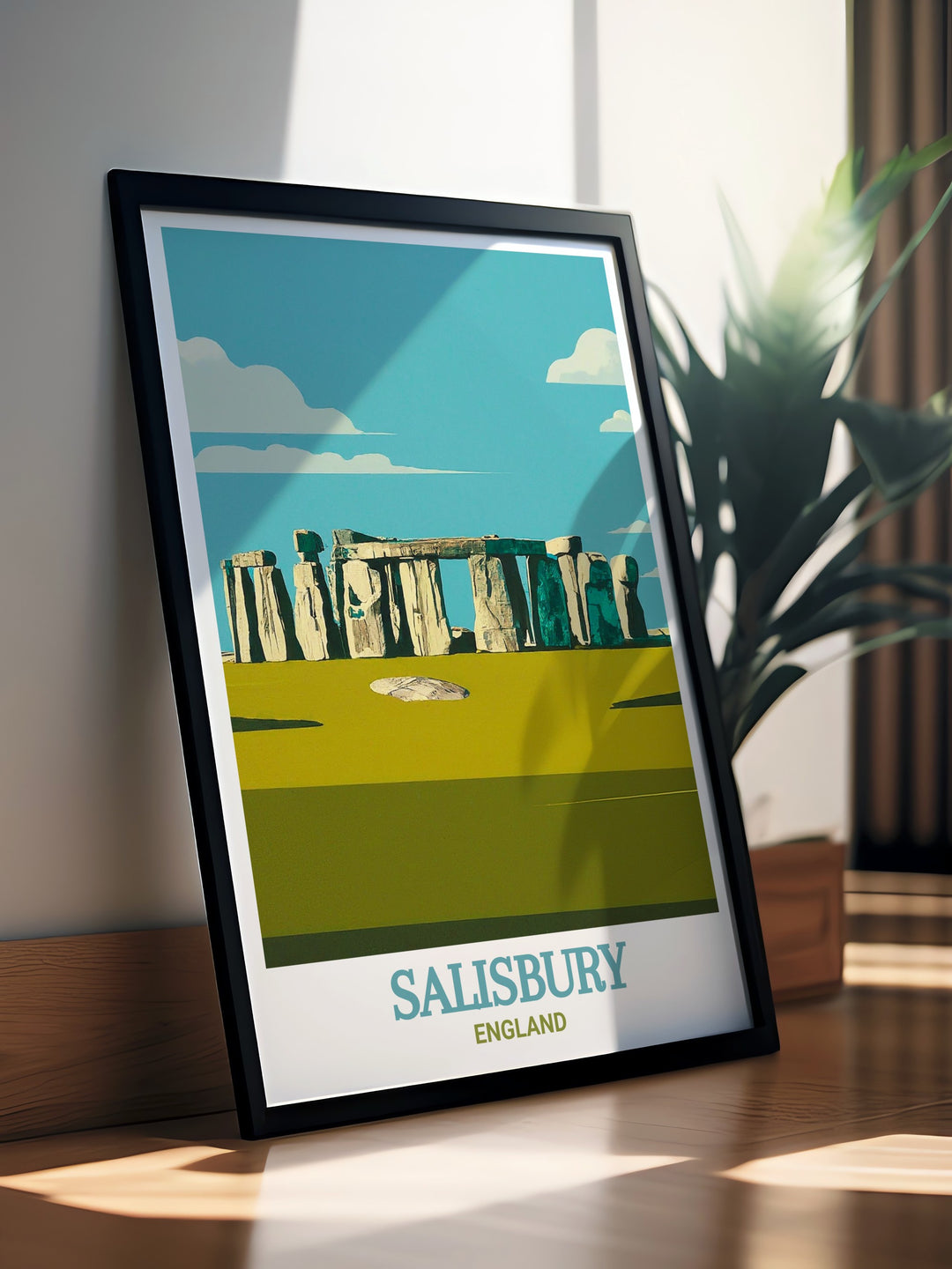 Detailed travel poster of Salisbury Cathedral and Stonehenge, perfect for anyone who admires the beauty and history of Englands most famous sites. This print celebrates the unique blend of medieval and ancient heritage.