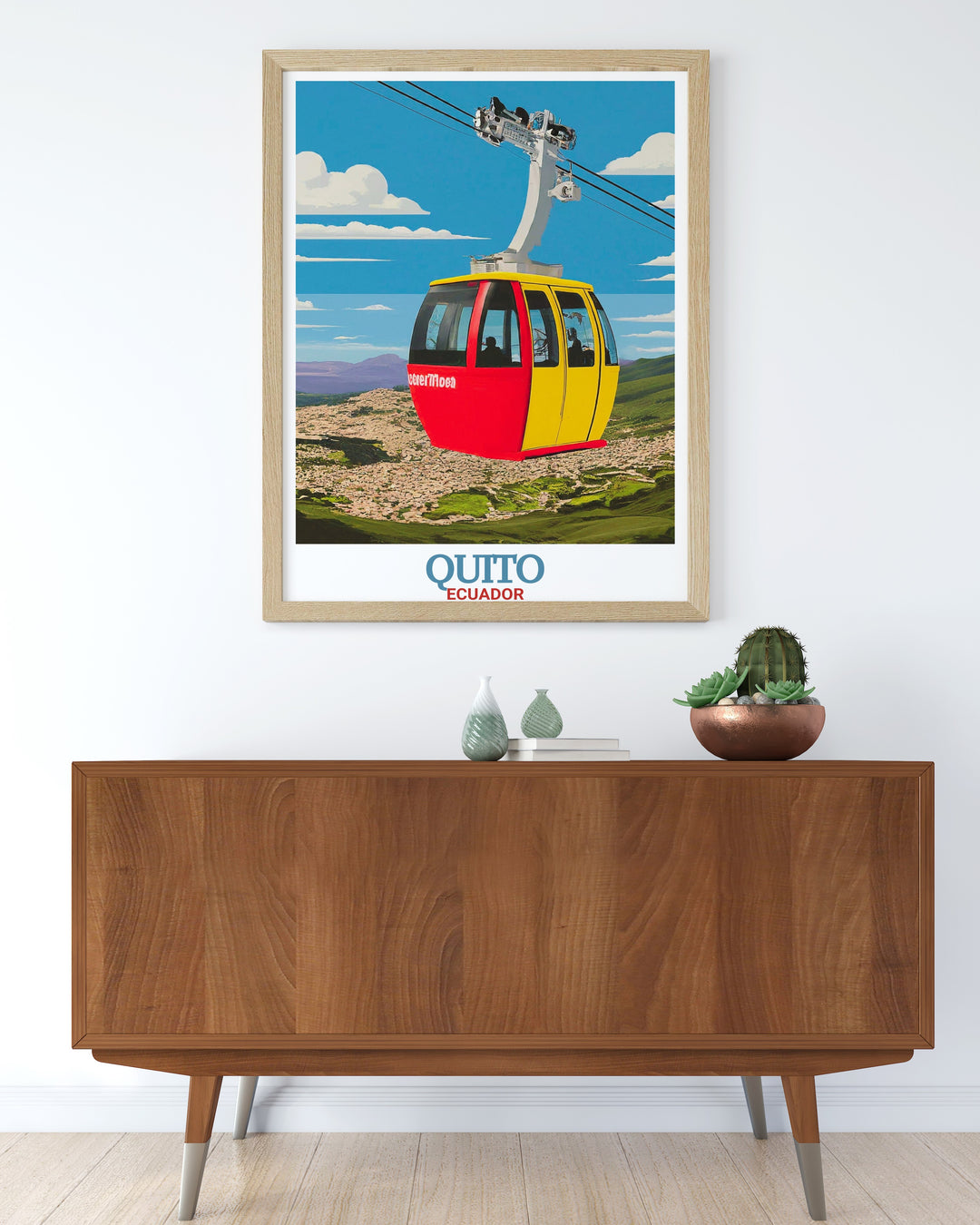 TelefériQo Wall Poster showcasing the breathtaking views from Quitos iconic cable car ride. This Ecuador travel print brings the adventure and beauty of Pichincha Volcano into your home, perfect for world travelers and nature lovers.