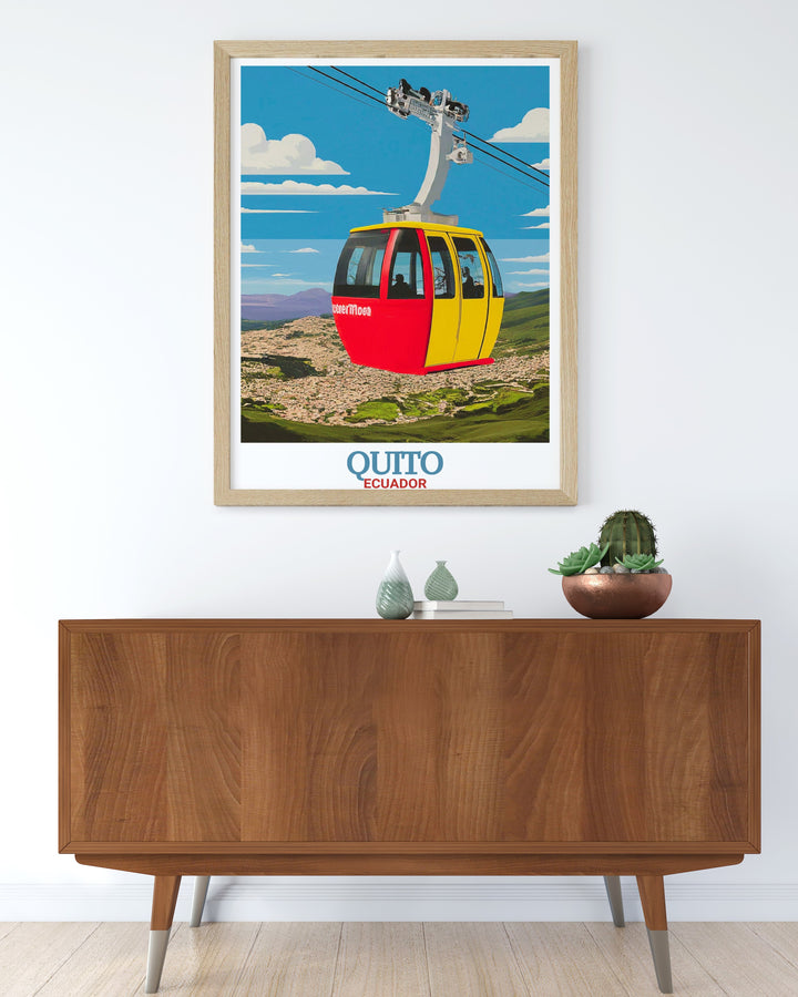 TelefériQo Wall Poster showcasing the breathtaking views from Quitos iconic cable car ride. This Ecuador travel print brings the adventure and beauty of Pichincha Volcano into your home, perfect for world travelers and nature lovers.