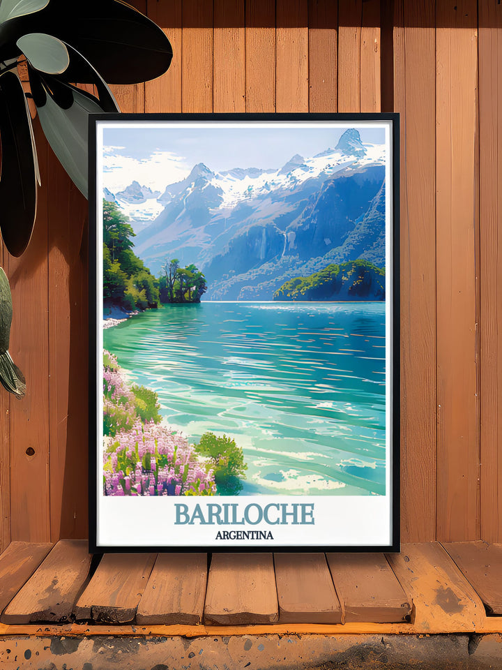 Unique Argentine artwork of Bariloches scenic landscapes, featuring landmarks like Nahuel Huapi Lake and San Carlos. Ideal for personalized gifts or home decor, this print captures the essence of Bariloche and its captivating natural beauty.