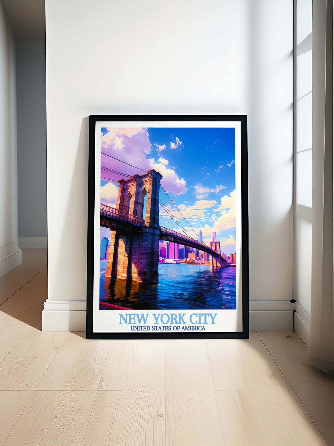 Watercolour art of the Brooklyn Bridge and New York skyline showcasing vibrant urban landscape perfect for elegant home decor and living room wall art