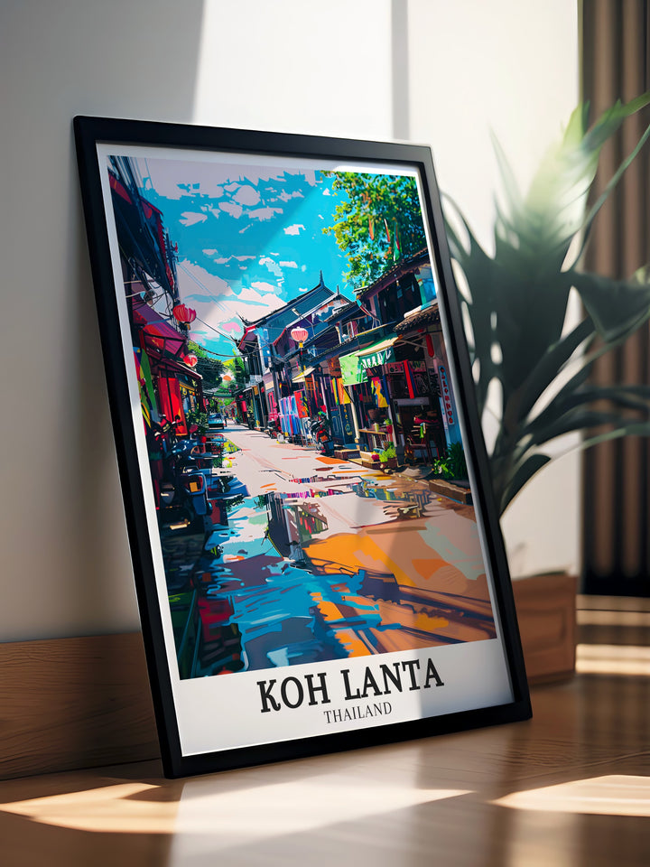 Transform your living space with Ko Lanta Yai, Lanta Old Town artwork. This stunning beach art print from Thailand brings the beauty of Koh Lantas tropical island into your home. A perfect choice for those who appreciate exotic destinations and island inspired home decor.