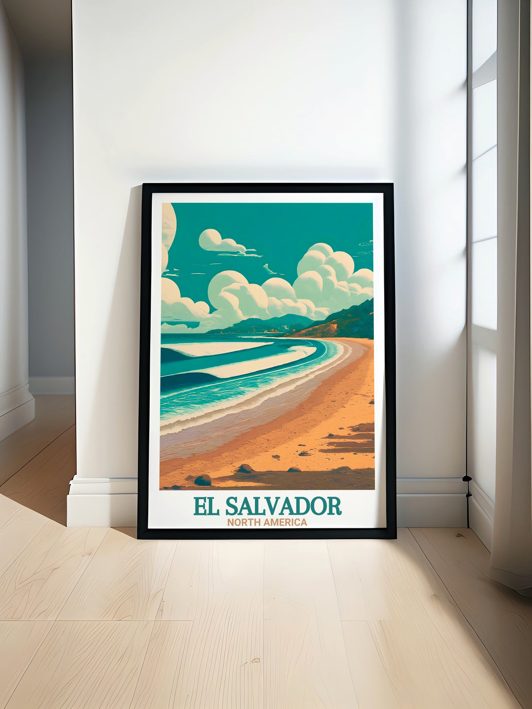 El Tunco Beach travel poster featuring vibrant colors and stunning coastal scenery of El Salvador perfect for home decor and as a travel gift showcasing the beauty of El Salvador with a vintage poster style that enhances any room with its charm and allure