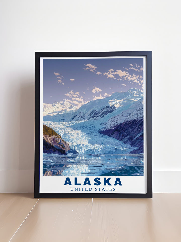 Bring the tranquility of Alaskas Mendenhall Glacier into your home with this stunning travel print. The artwork beautifully captures the essence of the glaciers icy landscape, making it an ideal wall art piece for those who love the natural wonders of Alaska.