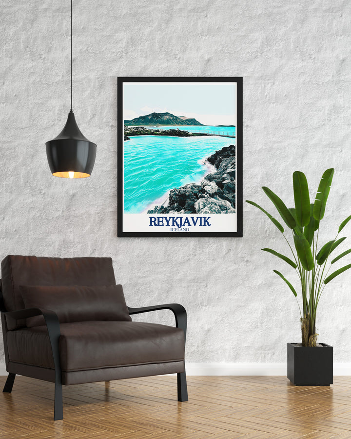 Reykjavik wall print featuring the dynamic and colorful atmosphere of Icelands capital, set against the backdrop of stunning natural scenery. This travel poster adds a vibrant Nordic touch to any room.