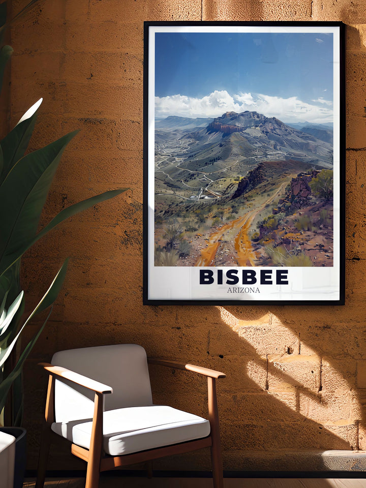 Arizona wall art featuring Mule Mountains in Bisbee. This stunning artwork brings the unique beauty of Arizonas landscape into your home offering a perfect addition to any room or a meaningful Arizona travel gift.