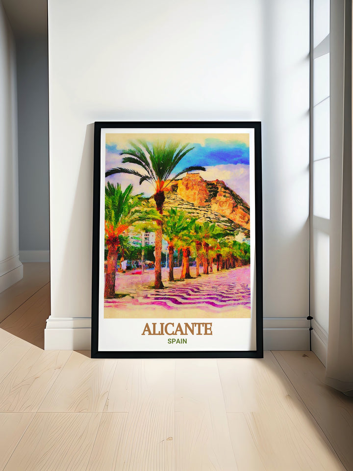 Alicante art print of Explanada de España, capturing the promenades historical significance and beautiful views. This poster is designed to bring a sense of cultural richness and architectural grandeur to your home decor, celebrating Alicantes vibrant history and the beauty of the Costa Blanca.