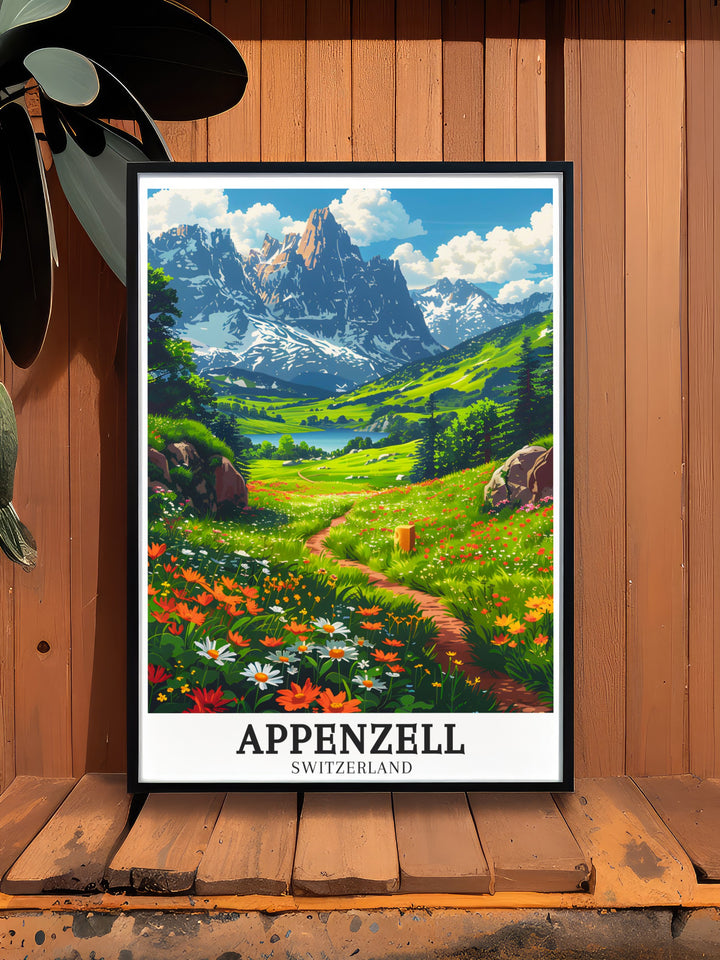 Alpstein travel print featuring the towering peaks and breathtaking landscapes that define this famous Swiss mountain range. This print is perfect for those who love adventure and the outdoors.