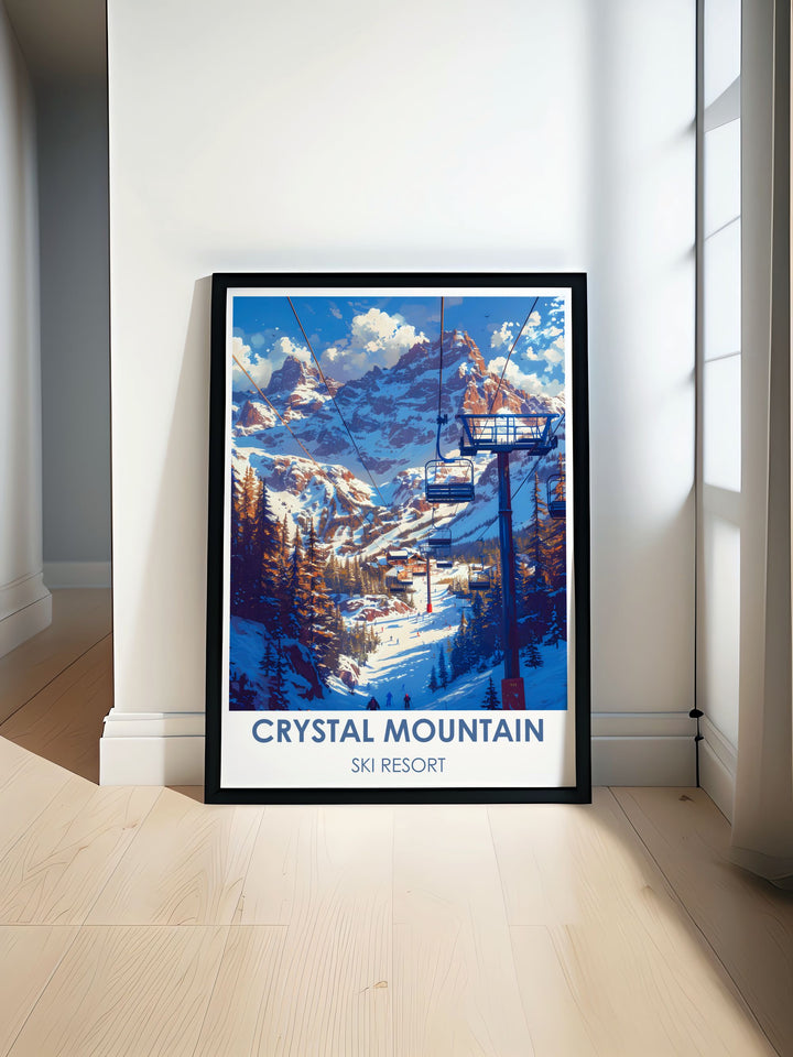Fine art print of Crystal Mountain showcasing the dynamic slopes and views of Mount Rainier, perfect for ski enthusiasts and lovers of winter landscapes.