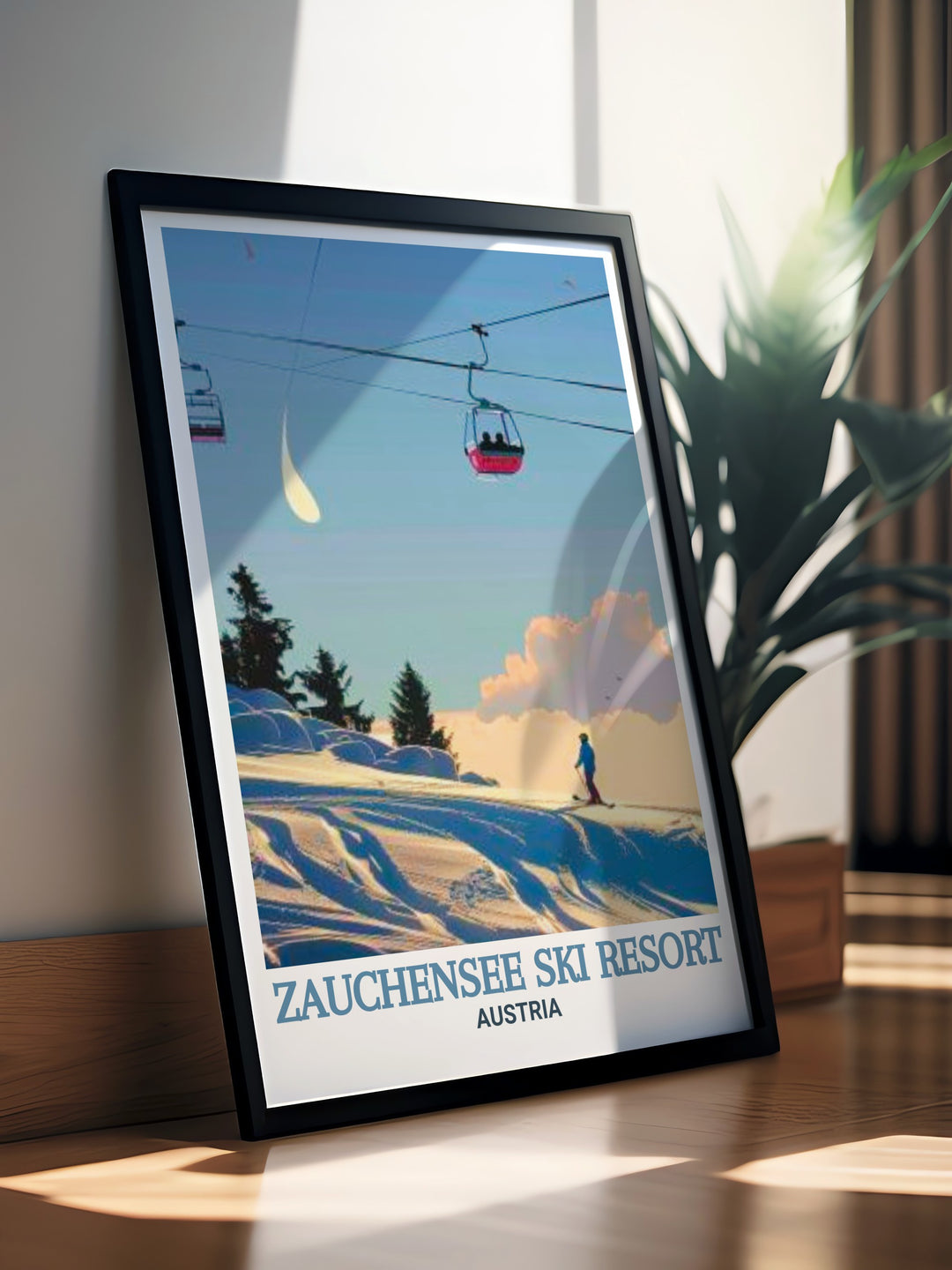 Beautiful Zauchensee Skiing Print featuring vintage travel aesthetics and snowy landscapes with El Capitan and Yosemite Falls enhancing the charm