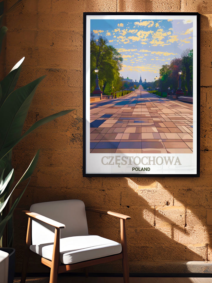 This Częstochowa art print brings the spiritual journey of millions of pilgrims into focus, with a detailed view of the Avenue of the Blessed Virgin Mary. A perfect Poland travel gift, this print offers a glimpse into the heart of Częstochowas cultural and religious heritage.