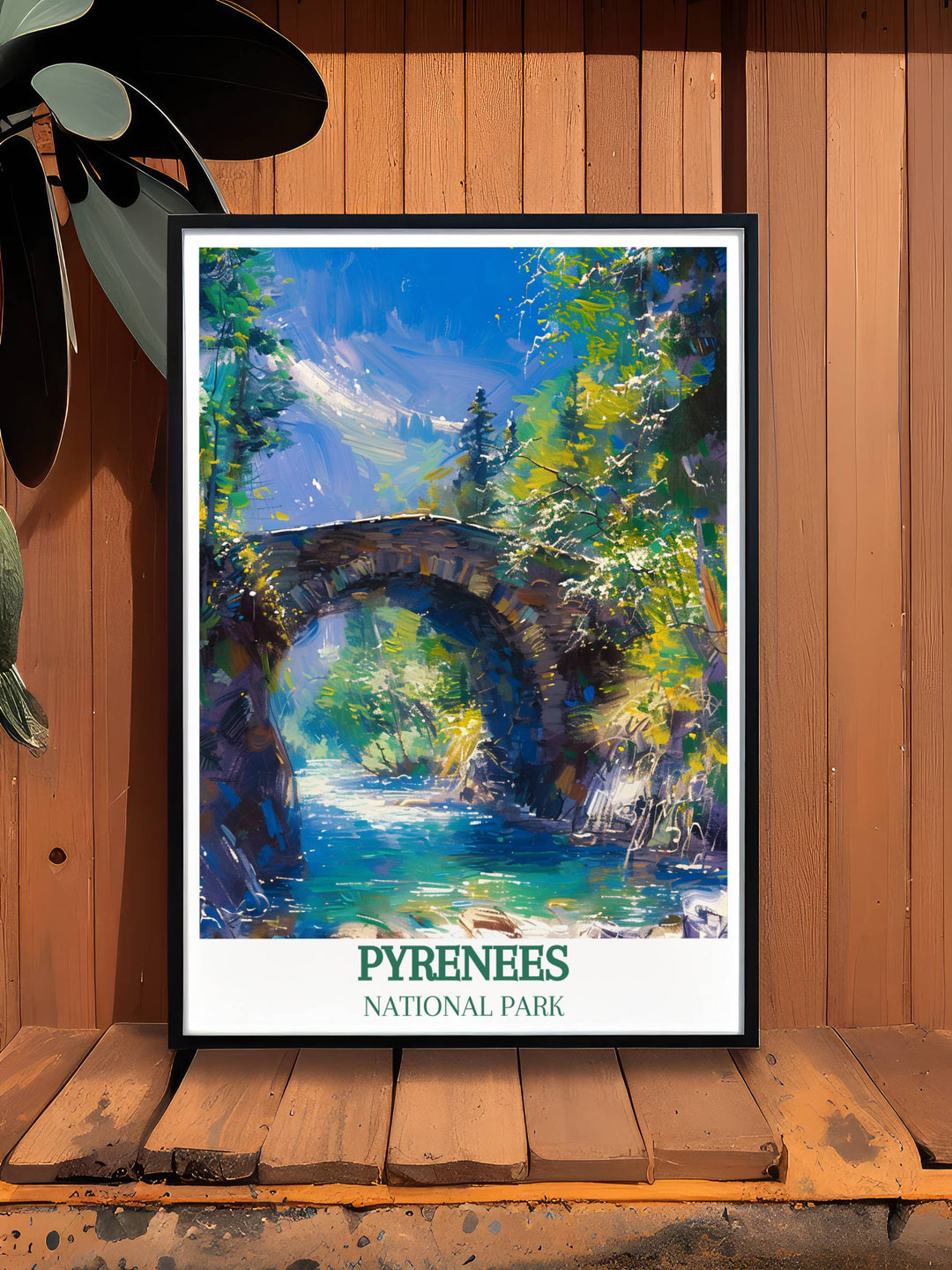 Vintage travel print of Pont dEspagne highlighting the dramatic charm of the Pyrenees France a classic choice for timeless home decor.