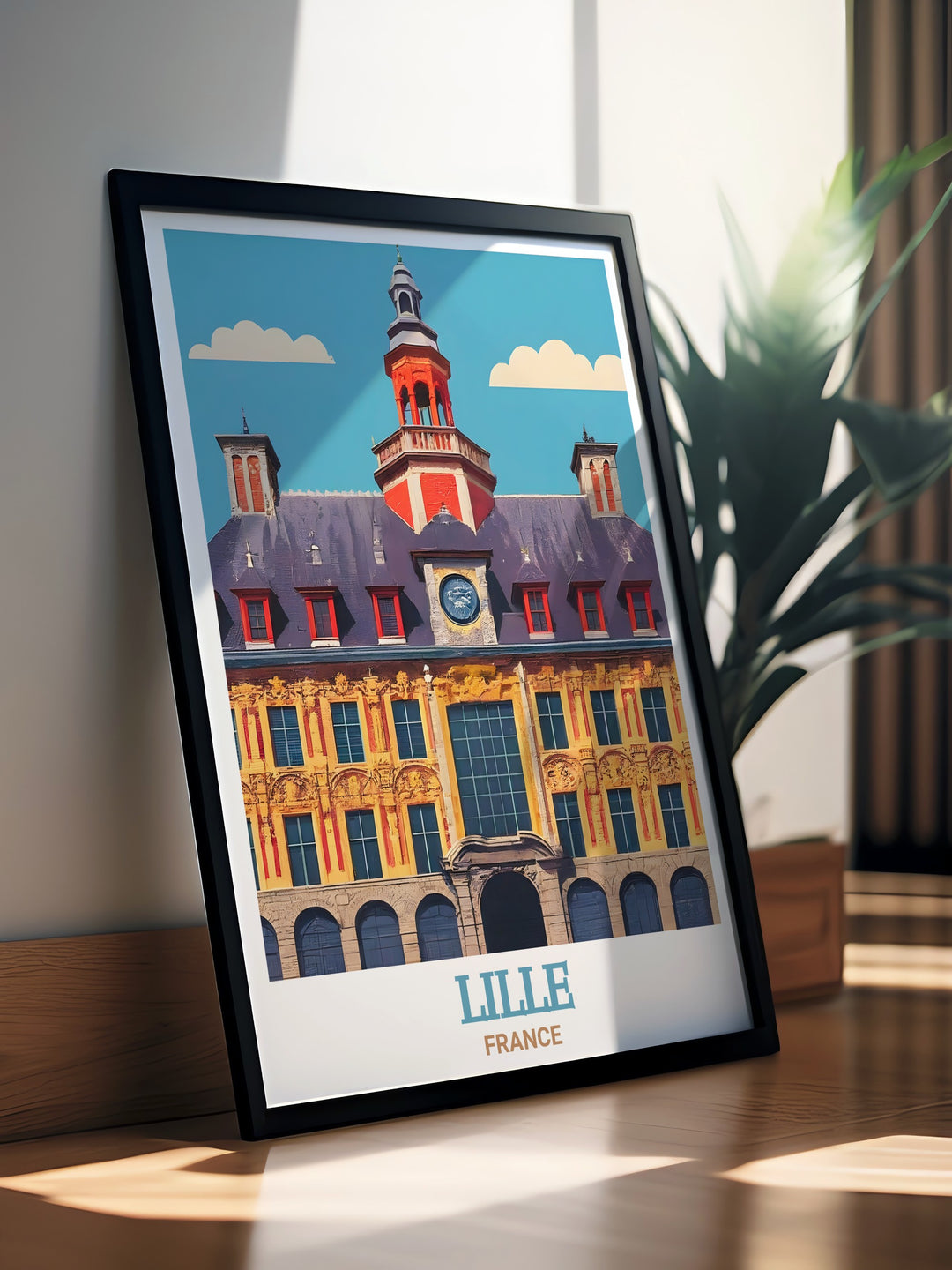 This France travel print features the ornate beauty of Lilles Old Stock Exchange. The artwork emphasizes the architectural details of this renowned landmark, offering a glimpse into the rich history of Northern France. Ideal for those who appreciate travel art and historical landmarks.