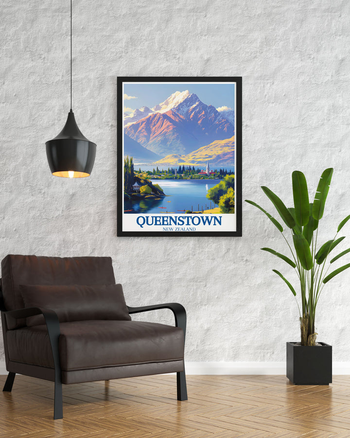 Black and white Queenstown poster capturing The Remarkables Lake Wakatipu in an elegant fine line print perfect for adding a touch of sophistication to any space including office home or study great for gifts and enhancing your wall decor