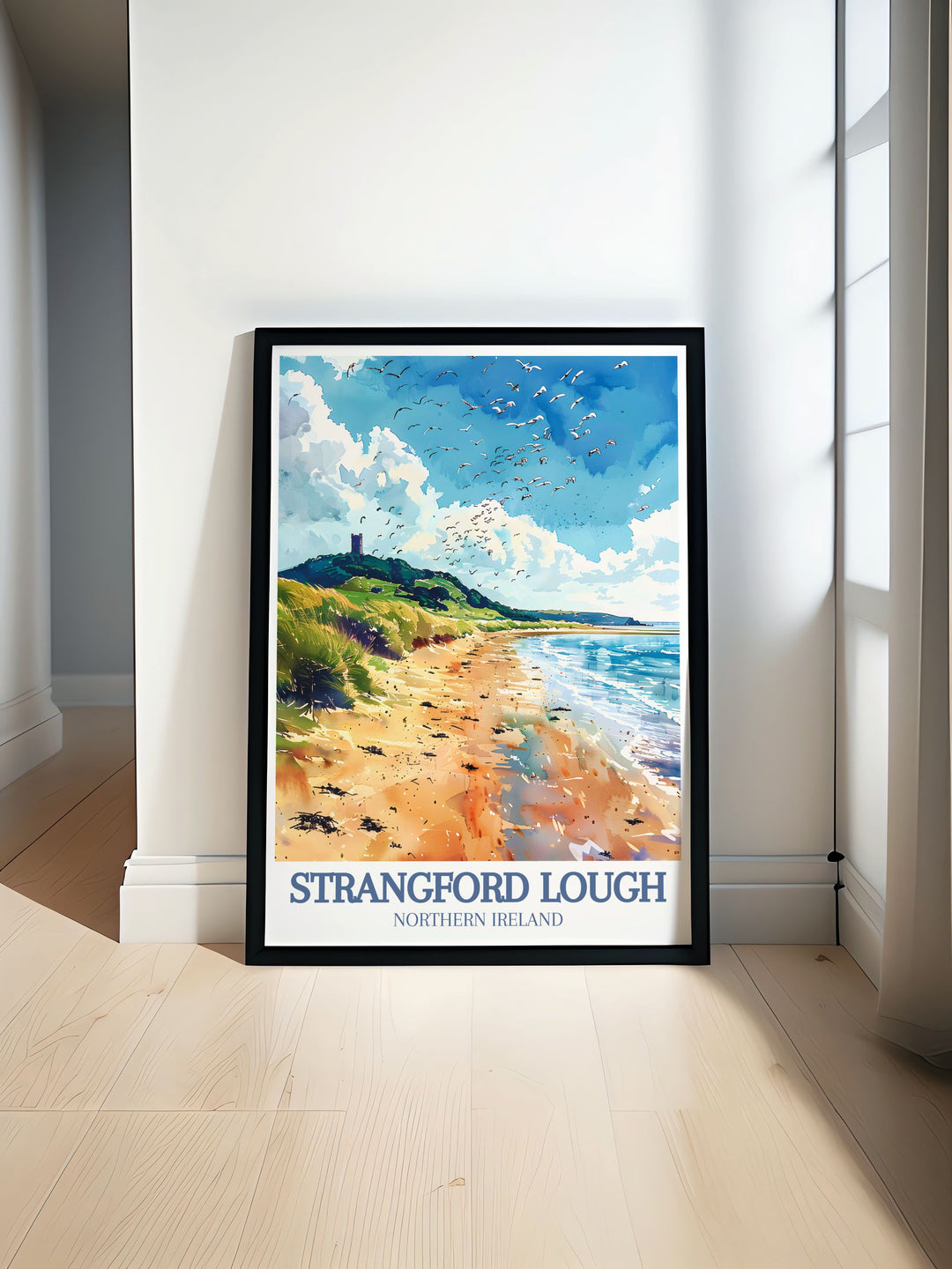 Strangford Print with Audleys Castle and Strangford Lough Marine Nature Reserve showcases Northern Irelands natural beauty and historical landmarks perfect for elegant home decor and vintage travel print lovers